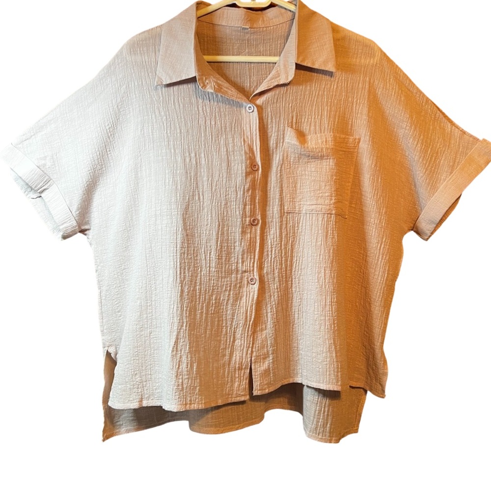 Woman’ Collared Button Down Short Sleeve Blouse - Light Pink 2X - 100 cotton